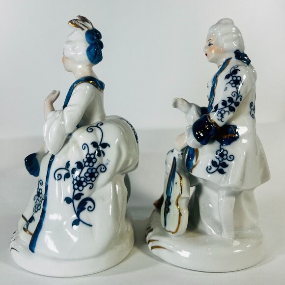 Vtg Ardco Porcelain Figurines Victorian Man Lady Violin Fan Blue White Gilded - Picture 4 of 9